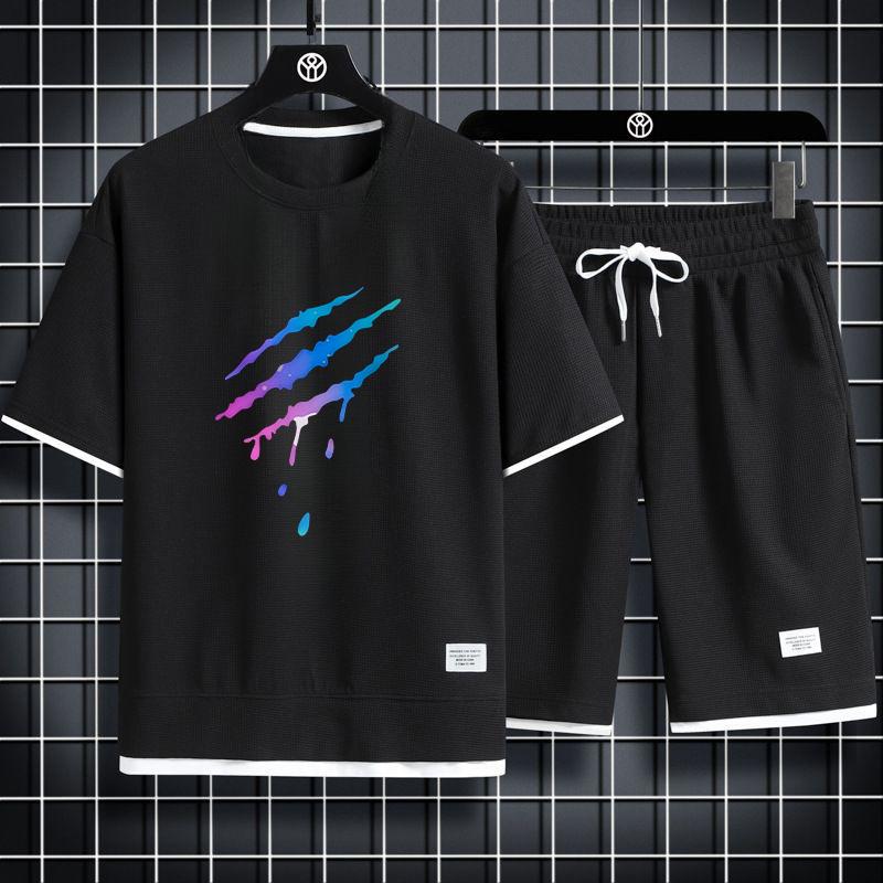 Men's Sets Waffle Summer Casual T Shirt + Shorts Suit Basketball Tracksuit Letter Print Solid Color Tracksuit Loose Suit