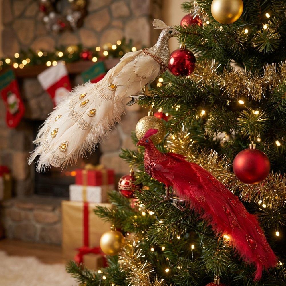 Glitter Clip on Peacock Tree Decor Glimmering Feathered Soft Fluffy Faux Peacock Tree Hanging Built-In Clip Long Tail