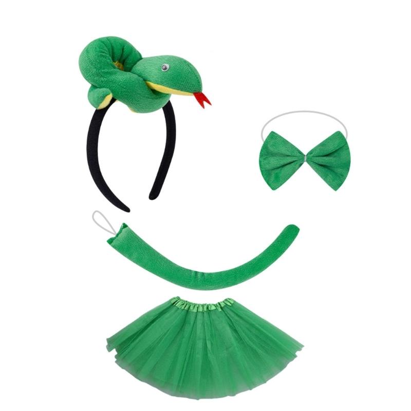 Snake Role Play Costume Set with Headband Tail Bowtie Skirt Halloween Snake Outfit Accessory for Kids Boy Girl Cosplay
