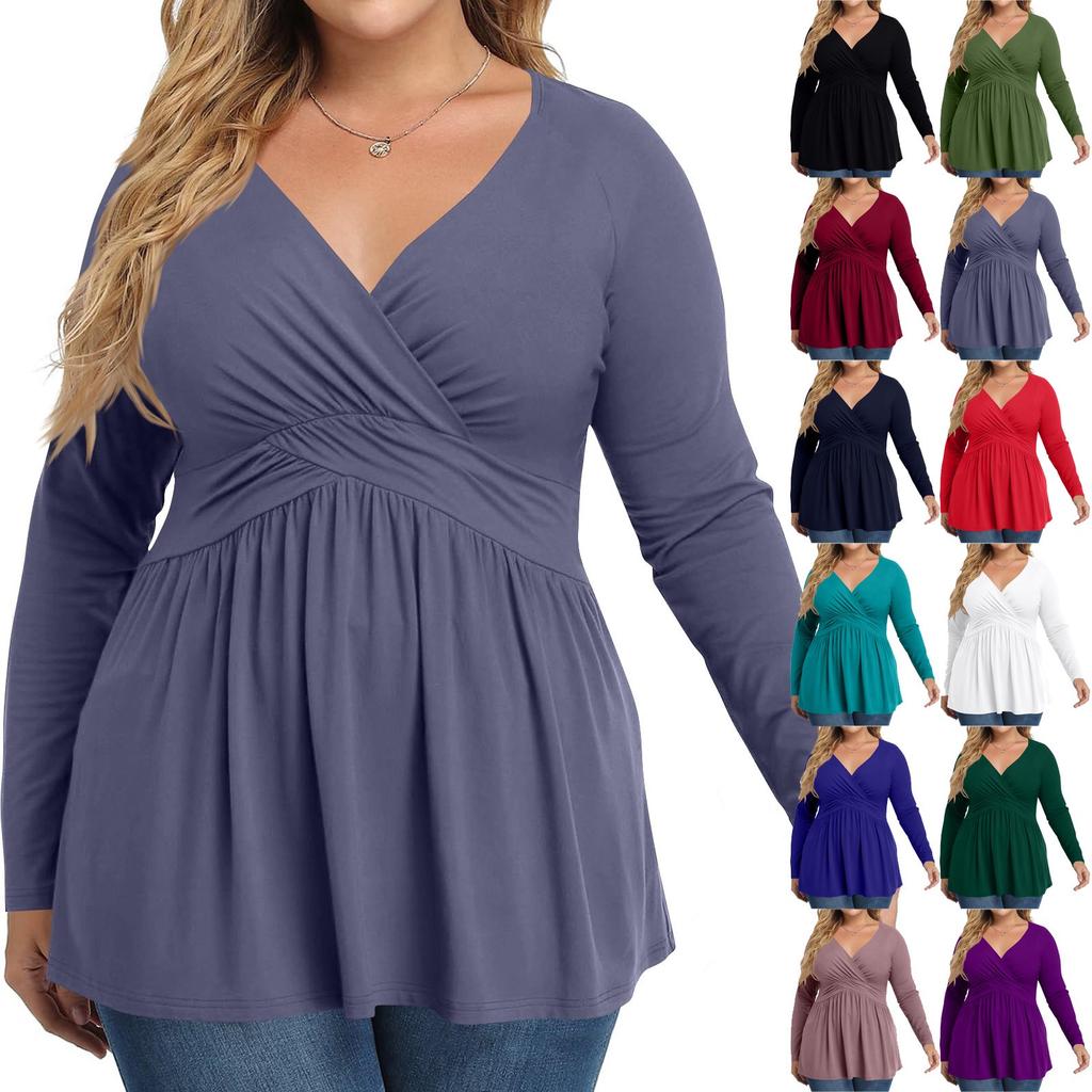 Women's Plus Size Shirt Long Sleeve  Print Top Pleated Casual V-Neck Top