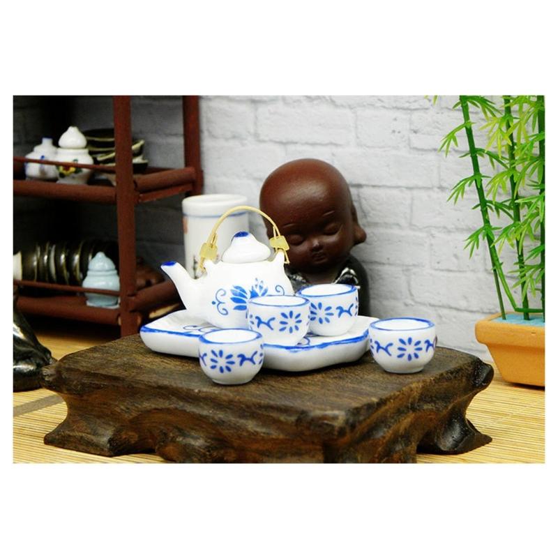 Miniature Teaware Set Model For Children And Collectors With Blue White Porcelain Teapot Cup Tray Doll House Furniture