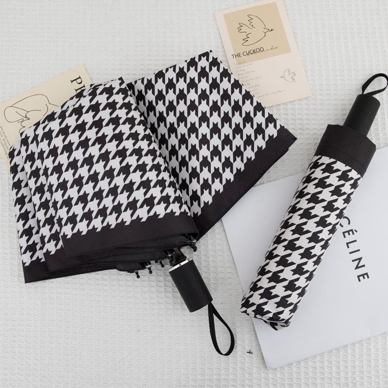 

Автоматический трехсекционный зонт, складной зонт в клетку «тысяча птиц», виниловый солнцезащитный зонт от ультрафиолета