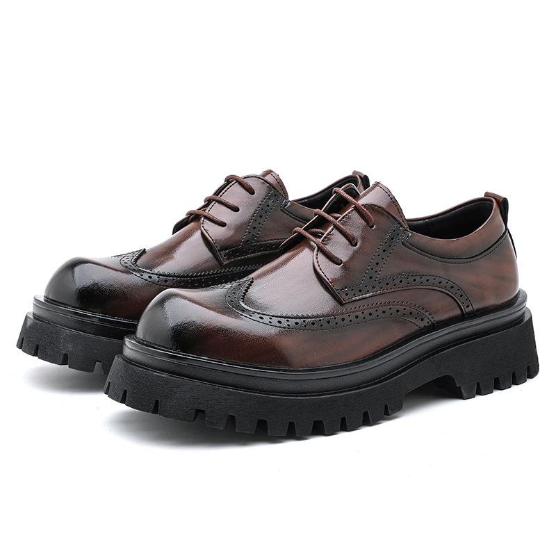 Men's British Style Round Toe Brogue Lace-up Height-Boost Business Casual Shoes