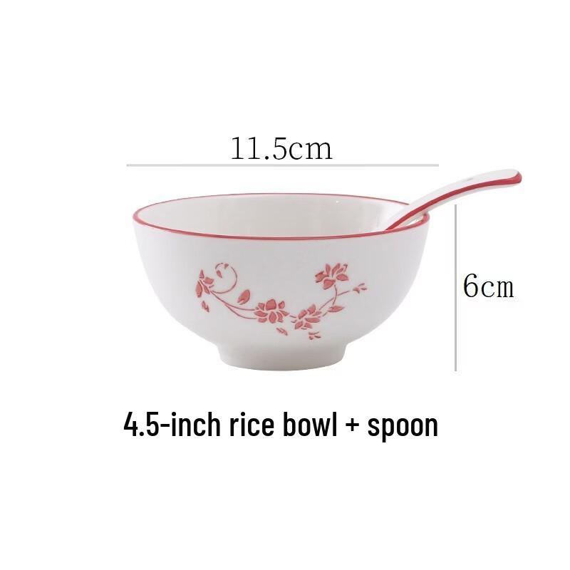 Hàndùn Chinese Red Ceramic Rice Bowl and Spoon Set