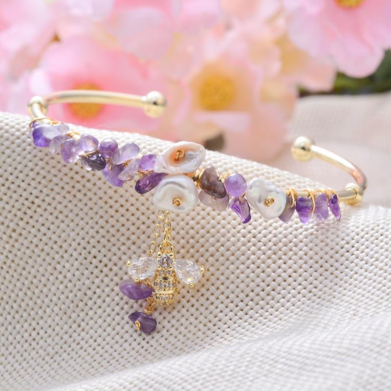 New Style Sweet Honeybee Purple Crystal & Natural Freshwater Pearl 14K Gold Filled Ladies Bangle Promotion  For Women