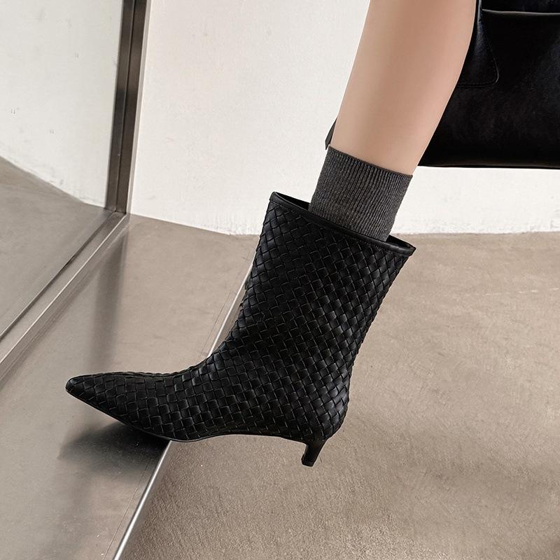 3.7CM autumn new microfiber woven small short boots pointed minimalist style fashionable versatile pointed thin heel high boots