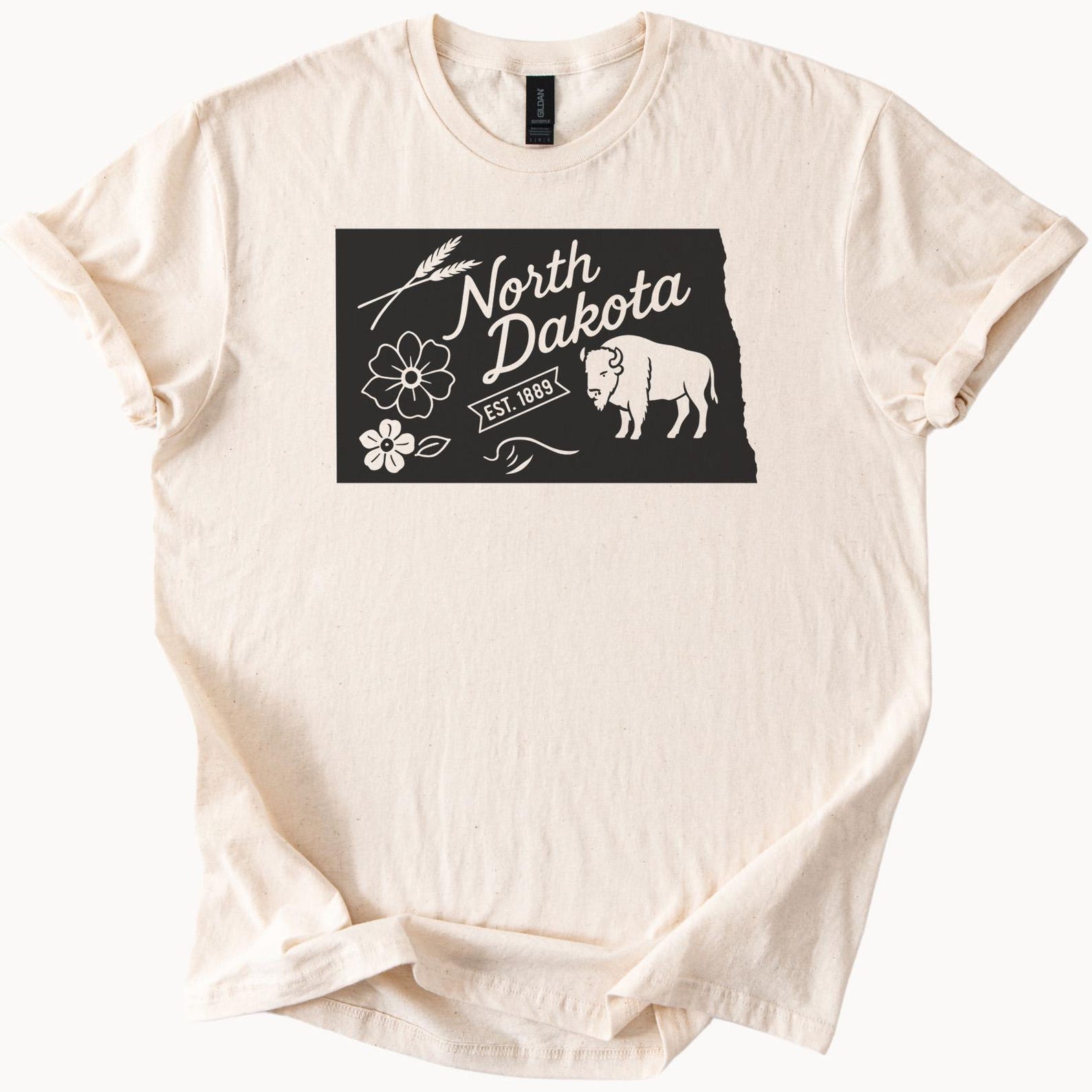 North Dakota Graphic T Shirt Bison State Map Wildflowers Wheat Established 1889 Unique ND Souvenir Tee North Dakota Pride Shirt 120