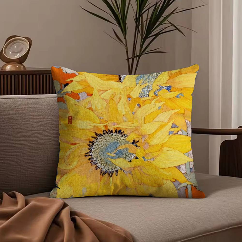 Art sunflower Pillow Case Anti-dustmite Pillowcase Invisible zipper silky short plush Sofa cushion cover