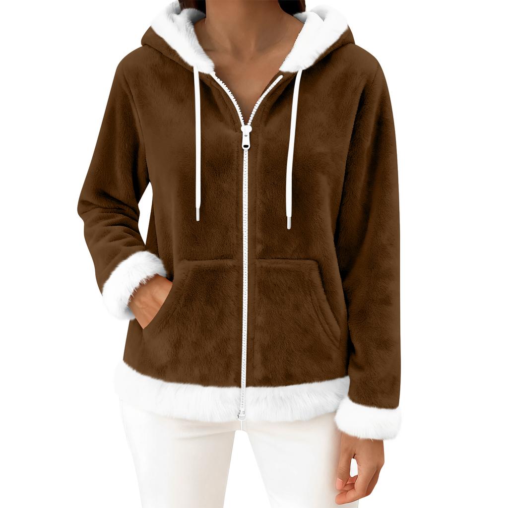 Moteriškas kasdienis madingas ilgomis rankovėmis užsegamas vilnos kardiganas su gobtuvu