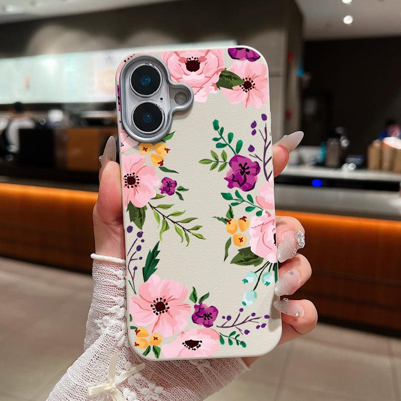 Floral Pattern Leather Texture Soft TPU Case For iPhone 16 15 14 Pro Max 15 Plus 12 13 Pro Max 11 Flowers Shockproof Phone Cover