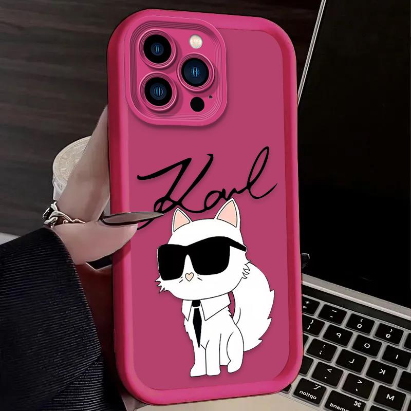Lovely Fashion K-Karl Cat Case For iPhone 14 17 Air 16 16E 15 13 12 11 Pro Max X XS X S Max XR SE 2020 SE4 7 8 Silicone Cover