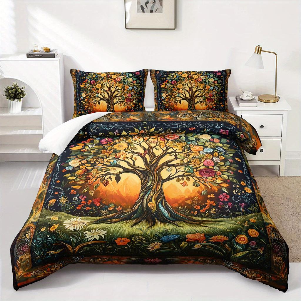3Pcs Bohemian Floral Tree Of Life Bedding Duvet Cover Set Tree Of Life Bedding Quilt Set Floral Themed Bed Quilt Set Vintage