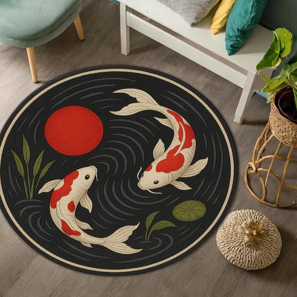 1pc Retro Japanese Koi Pattern Round Rug, Non-slip Floor Mat for Living Room, Bedroom, Bathroom, Holiday Home Decoration