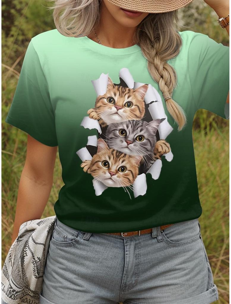 Süße Kätzchen T-Shirts Kawaii Katze 3D-Druck Sommer Damen Rundhals Kurzarm T-Shirt Harajuku Tees Y2k Tops Damenbekleidung