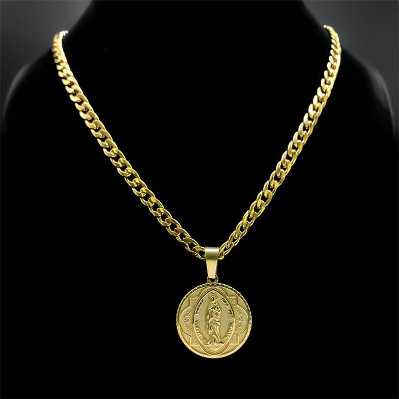 S Maria Immac Ora Pro Nobis Medallion Necklace Women Men Stainless Steel Religious Christian Pendant Necklaces Jewelry NZZ451S05