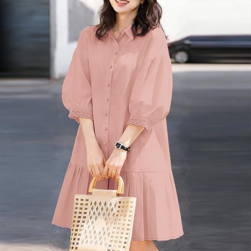 

ZANZEA Women Turn Down Collar Lace Splice 3/4 Sleeve Casual Shirt Dress 5XL рожевий