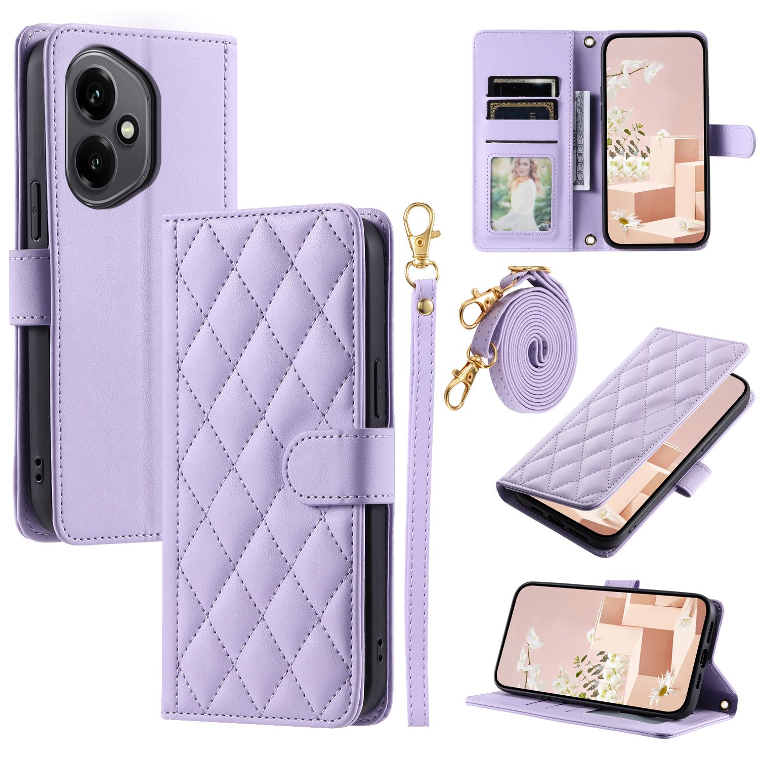 

For Honor 400 5G (Global) Case Wallet Rhombus Grid PU Leather Phone Cover with Shoulder Strap/Wrist Strap Purple