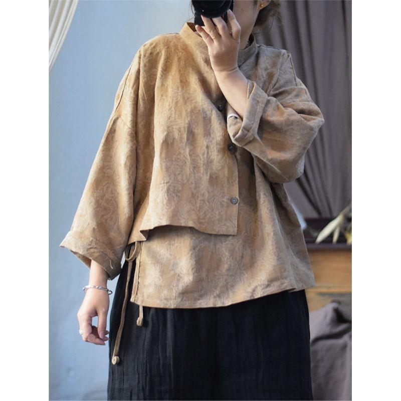 Johnature Dámská jarní prací košile s dlouhým rukávem, žakárová vintage jednořadá košile