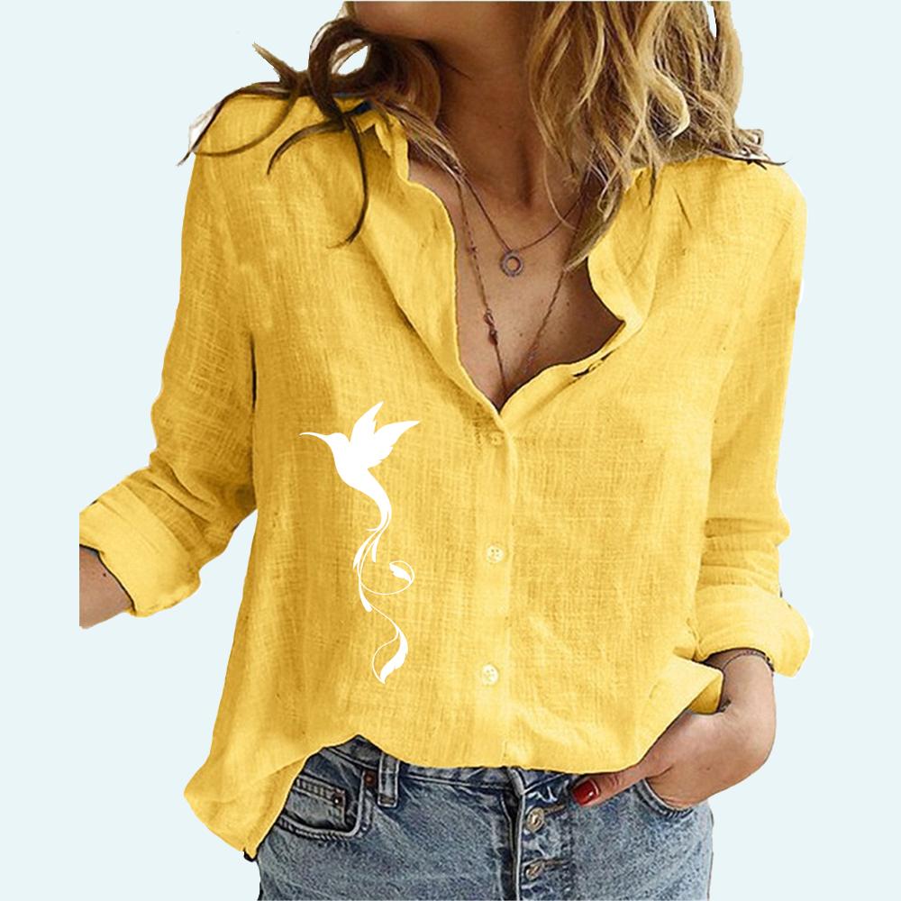 Women Fashion Button-up Blouses Summer&autumn Loose Cotton Linen Top Ladies Casual Print Long Sleeve Shirt