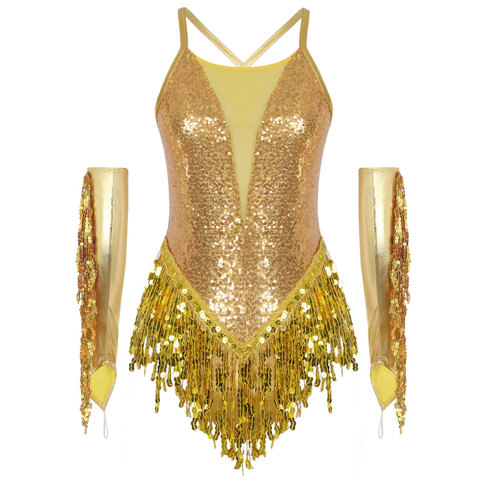 

Жіночий костюм для виступу з латиноамериканських танців З перехрещеною спиною Блискучий з паєтками З бахромою Комбінезон-трико З китицями Металеві рукавички L золотий