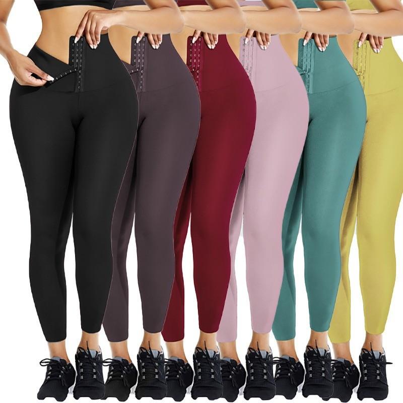 Hot-Stamped Logo Double-Breasted High-Waisted Butt-Lifting Yoga Pants with Waistband Tummy-Control Stretch Fleece-Lined Leggings for Women