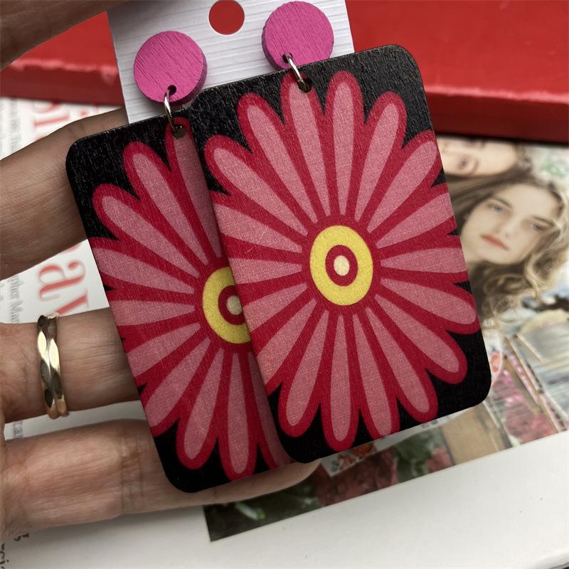 Bohemian Vintage Big Square Wooden Earrings for Women Ethnic Long Painting Pattern Personality Earring Vacation Bijoux Boho Gift