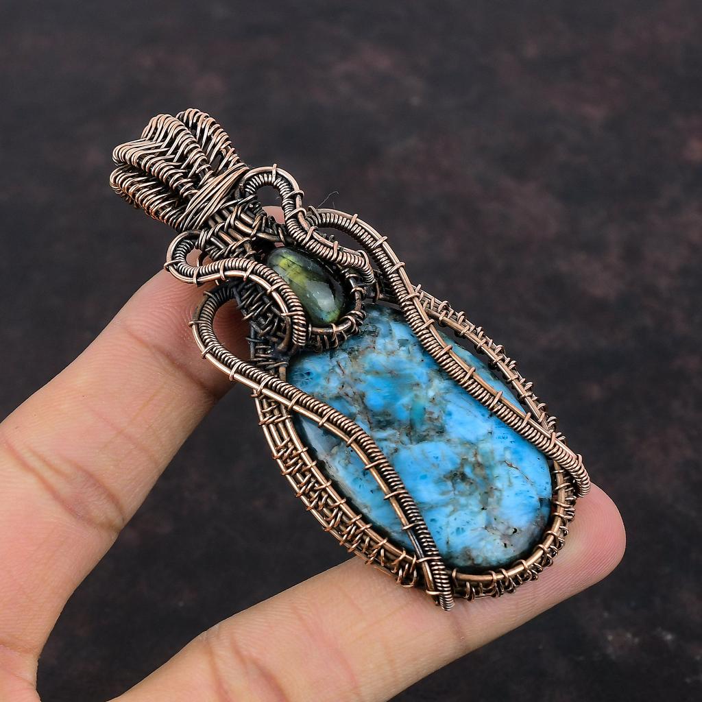 Neon Apatite Pendant Copper Wire Wrapped Pendant Labradorite Gemstone Pendant Amazing Copper Jewelry Gift For Her Handmade Wire Wrap Jewelry