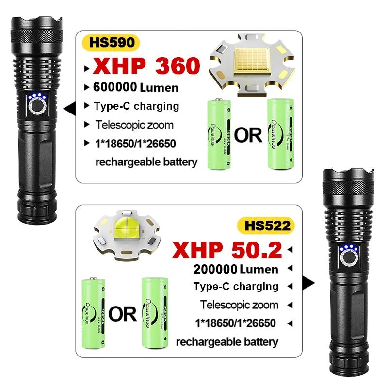 Ultra Powerful Flashlight XHP360 High Power Torch Light XHP50.2 Type C Rechargeable LED Flashlights Tactical Lantern For Camping