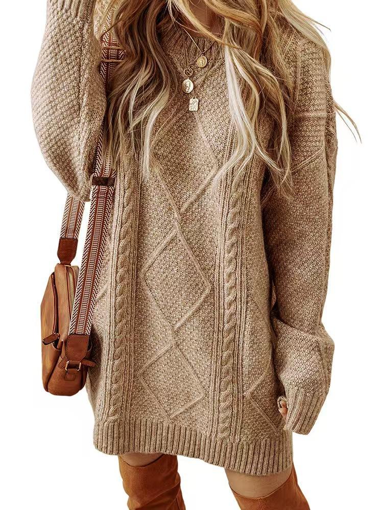 

Бежевое платье-свитер оверсайз крупной вязки с ромбовидным и плетеным узором S хаки