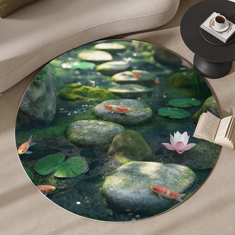 Koi Fish Pond Round Area Rug Non-Slip Floor Mat for Living Room Bedroom Feng Shui Home Decor