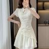 Zen-Style Jacquard Stand Collar Short Sleeve Irregular Chiffon Tea Dress