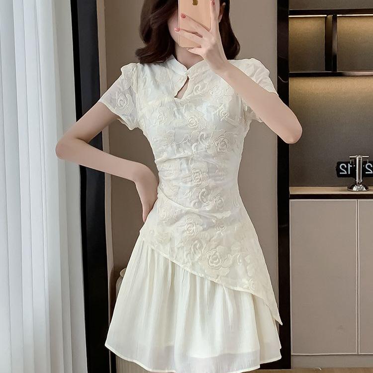 Zen-Style Jacquard Stand Collar Short Sleeve Irregular Chiffon Tea Dress