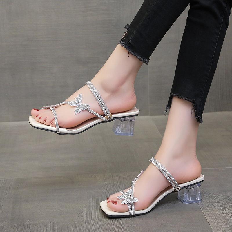 Butterfly Rhinestones Open Toe With Medium Heels Sandals for Women Low Price Comfort Original 2025 Luxury Korea Pvc Woman Shoes