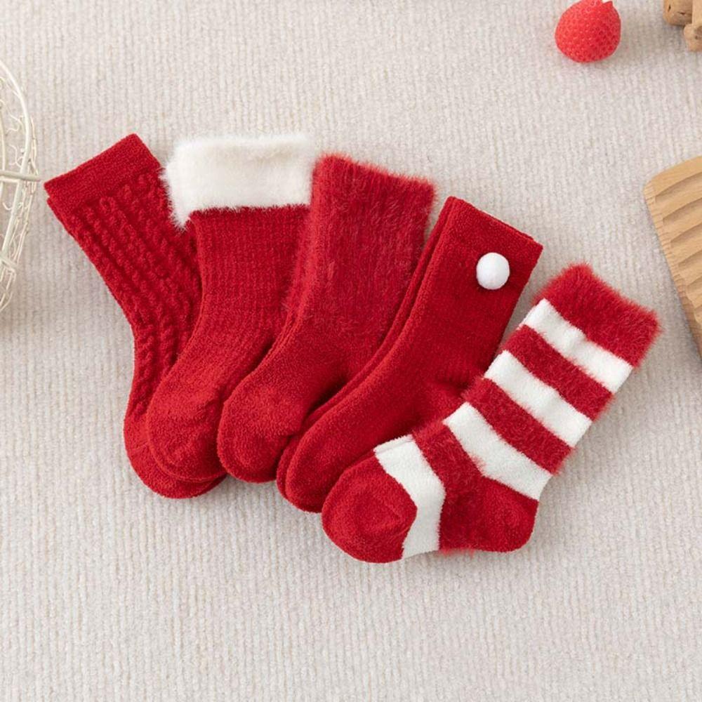 5Paits Cotton New Year Red Socks Stripe Good Luck Baby Plush Red Socks Infant Hosiery Floor Socks Toddle Tube Socks Baby Socks
