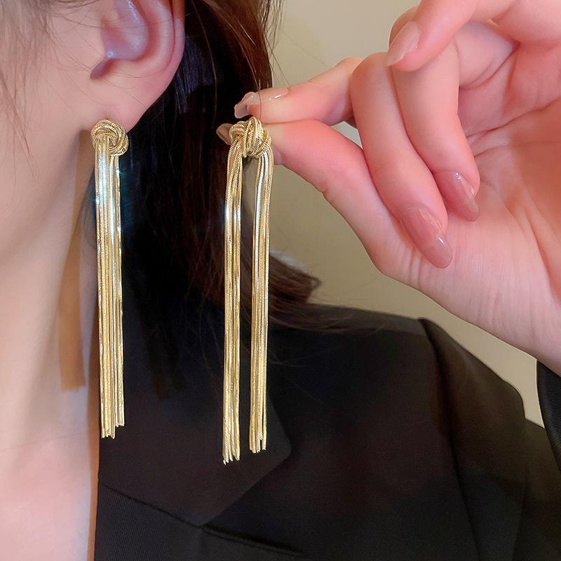 European & American Luxury Metal Knot Tassel Stud Earrings - Chic, Cold Style, High-End Accessory