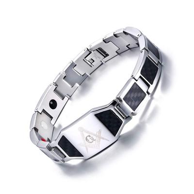 Rockyu Men's Titanium Magnetic Bracelet with Black Plate, Engraved Freemasonry Germanium Bracelet, Metallic Look (White)
