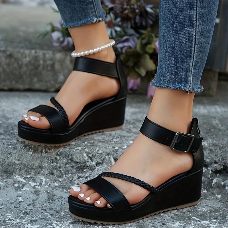 Brown PU Open-Toe Wedge Sandals for Women - Braided Ankle Strap, Adjustable Buckle Closure, Thick Rubber Sole for Summer Comfort