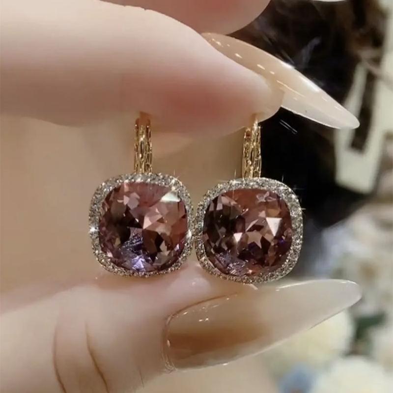 New Korean Crystal Dangle Earrings for Women Small Earrings Gold Buckle Square Pendants Drop Earrings Purple Pink Earings