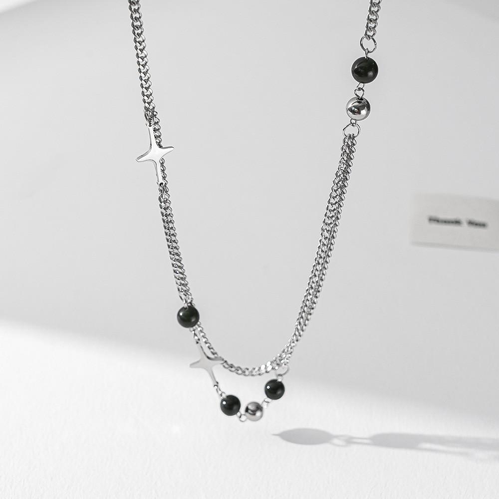 Hip Hop Style Double Layer Titanium Steel Necklace With Geometric Star Pendant For Unisex Fashion Accessory