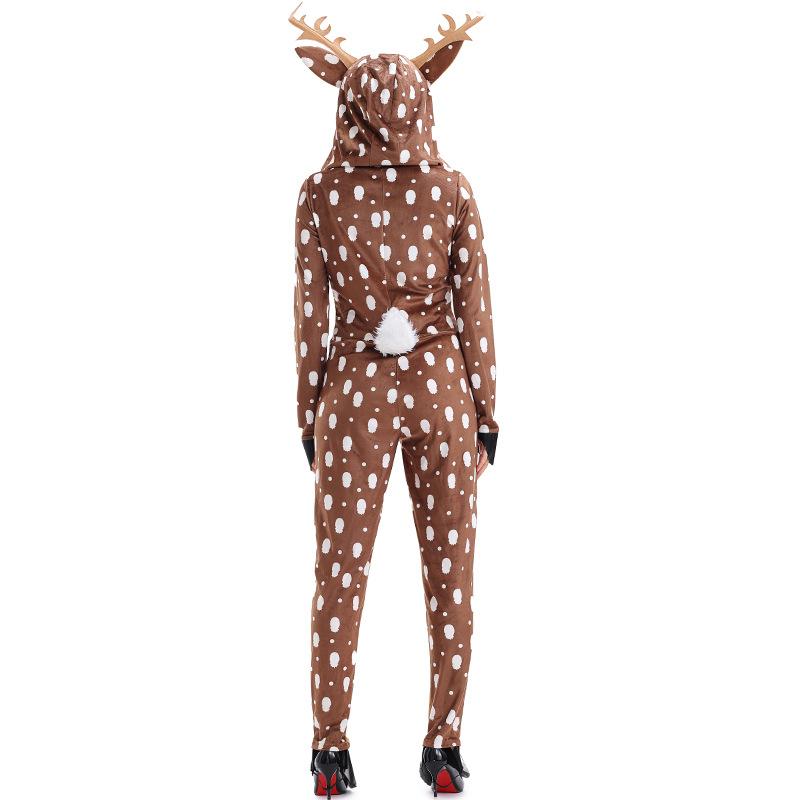 Adult Women Animals Sika Deer Elk Christmas Reindeer Velvet Hooded Jumpsuit New Year Halloween Role Play Dress Up Cosplay Costume