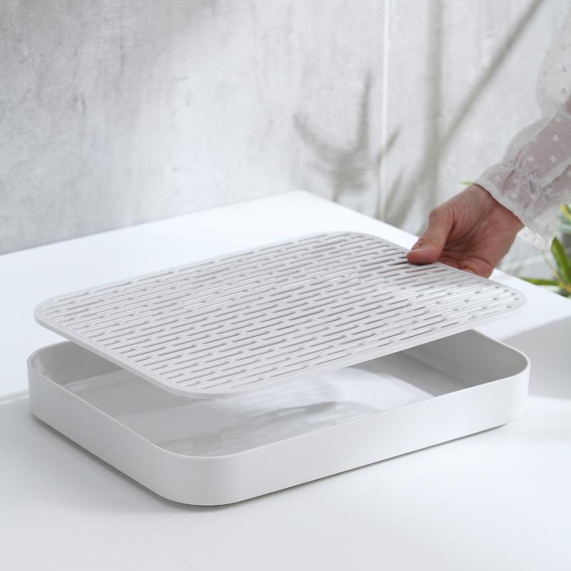 Solid Color Double Layer Japanese Kitchen Tray: Rectangular Storage Rack for Cups, Fruits, Vegetables, and Tea.