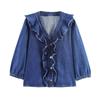 Versatile Autumn Lace Trim Denim Lapel Shirt for Women