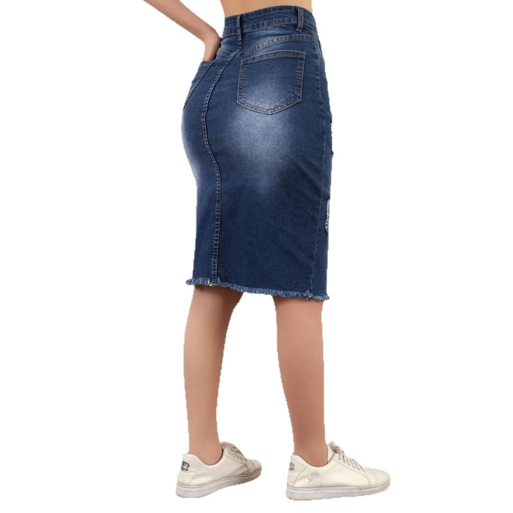 Women's Dark Blue Ripped Denim Midi Skirt - Casual, Versatile, Bodycon for Spring, Summer, & Autumn