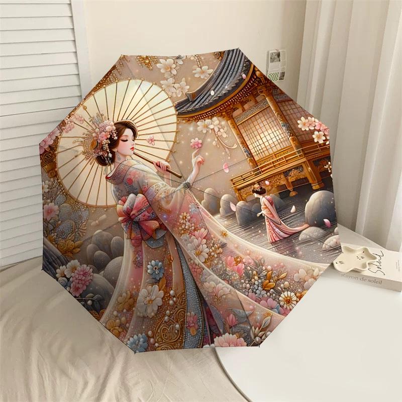 

1PC Floral Kimono Traditional Japanese Architecture Umbrella-8-Rib Reinforced, Automatic Open, Lightweight & Durable, Cute Fashion Accessory-P2623