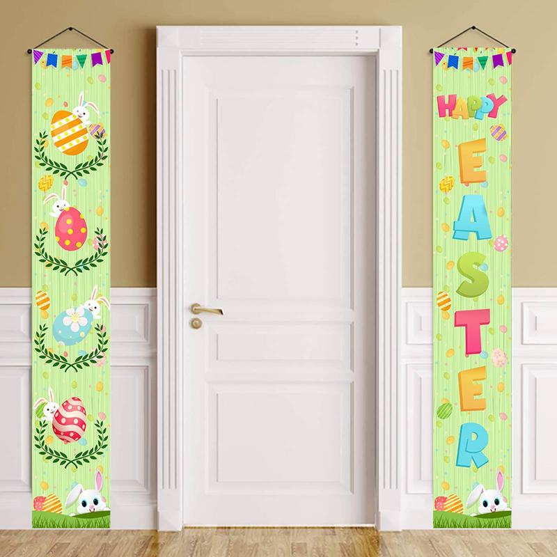 Happy Easter Porch Sign Banner Indoor Door Banner Easter Bunny Eggs Front Door Banner Easter Bunny Decoration For Indoor And