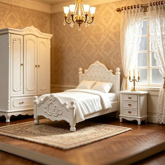 Retro Miniature Bed, Vintage Style Mini Double Bed, Miniature Furniture Tiny Bed for 1/12 Scale Doll Mansion Miniature Room Decoration