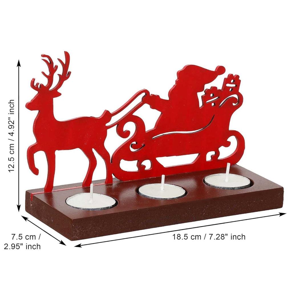 Santa Clause with Reindeer Sleigh Showpiece Decorative Tea Light Candle Holders(Wooden, Red)| Christmas Decoration Items
