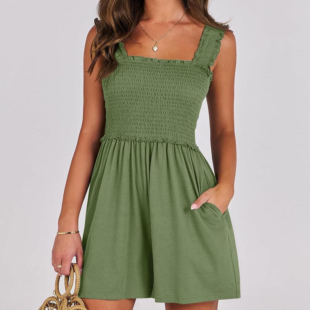 Tuta corta estiva con scollo quadrato senza maniche, rompers casual da spiaggia, top a canotta elasticizzato, tuta da donna con tasche e pantaloncini