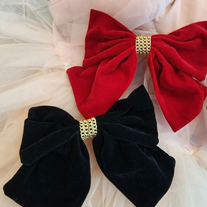 Ribbon hairpin, gold-plated winter princess-style velvet hairpin Red