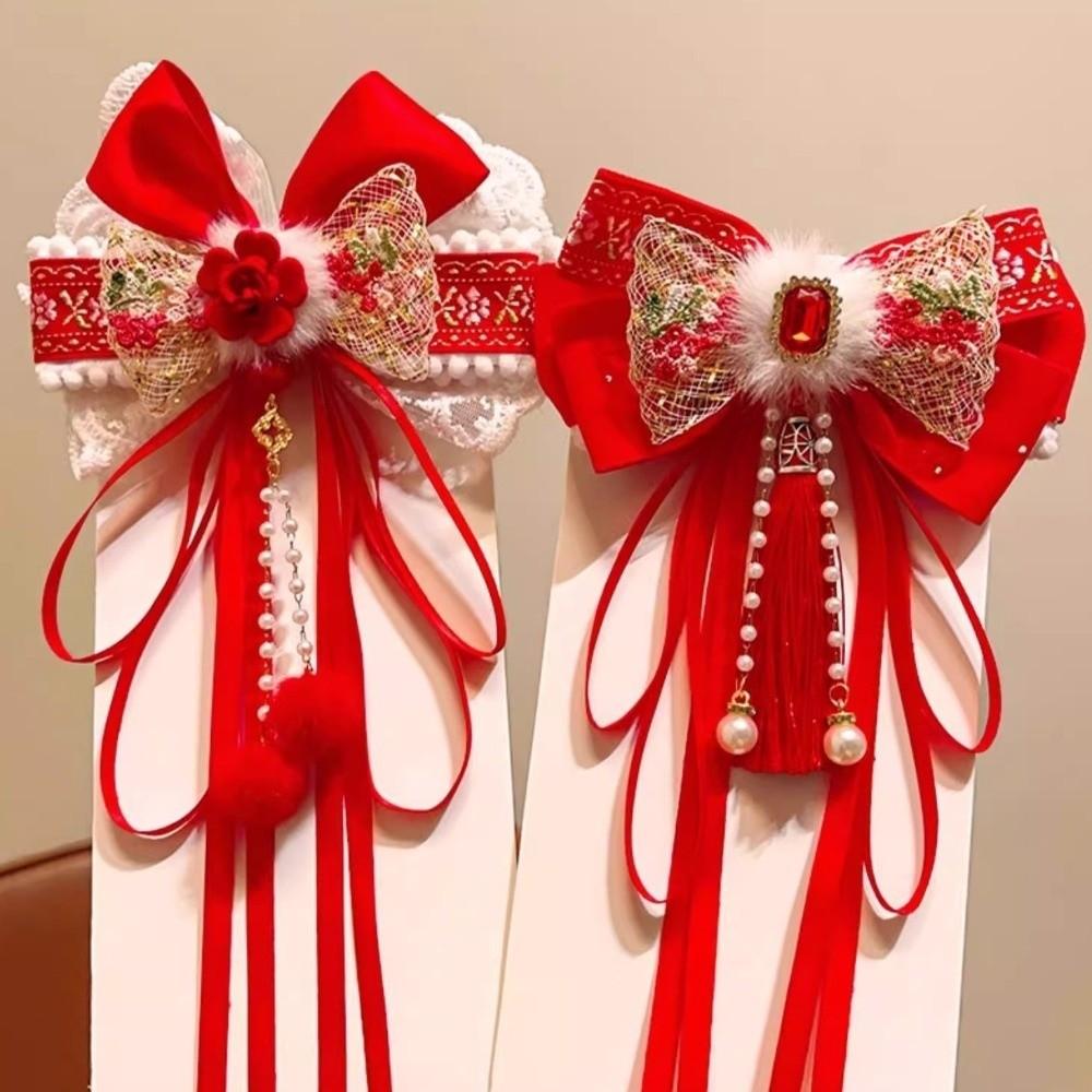 Flower Bow Ribbon Hair Clip Tassel Hanfu Hair Ornamen Holiday New Year Hairpin  Children's Headwear